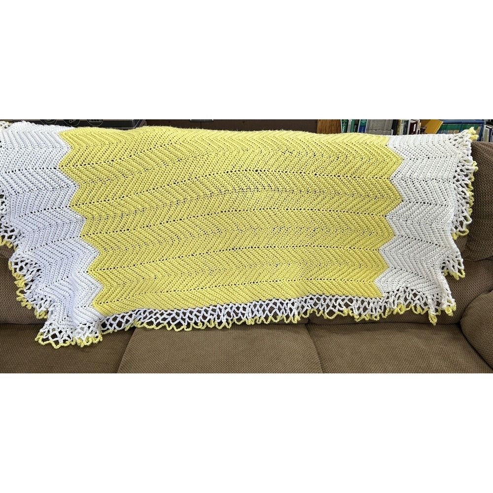 Handcrafted Crochet Afghan Buttered Yellow & White Zig Zag Lacey Trim GrannyCore